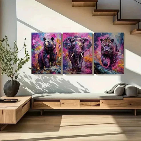 3pcs Colorful Bear Elephant And Leopard Art Set Canvas Unframed - High Quality Print 100% Australian Made Wall Canvas - Bella Home Decor