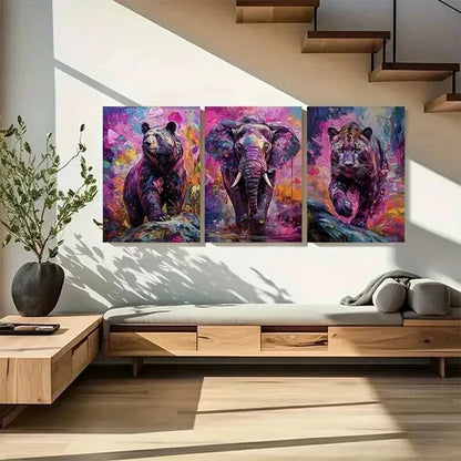 3pcs Colorful Bear Elephant And Leopard Art Set Canvas Unframed - High Quality Print 100% Australian Made Wall Canvas - Bella Home Decor
