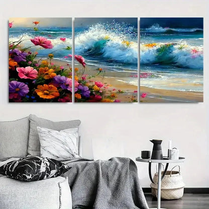 3pcs Vibrant Floral Seashore Wave Wall Art Set Canvas Framed 60x90cm - High Quality Print 100% Australian Made Wall Canvas Ready to Hang