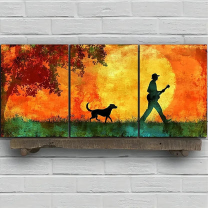 3pcs Man with Dog and Guitar Silhouette Metal Print Ready to Hang Art - Bella Home Decor