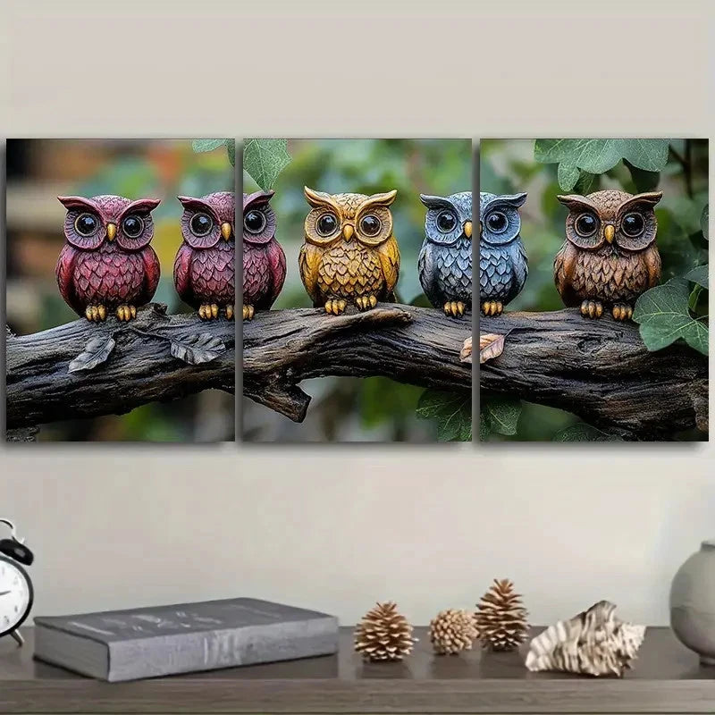 3pcs Colourful Owls On The Branch Metal Print Ready to Hang Art - Bella Home Decor