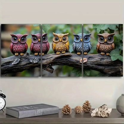 3pcs Colourful Owls On The Branch Metal Print Ready to Hang Art - Bella Home Decor