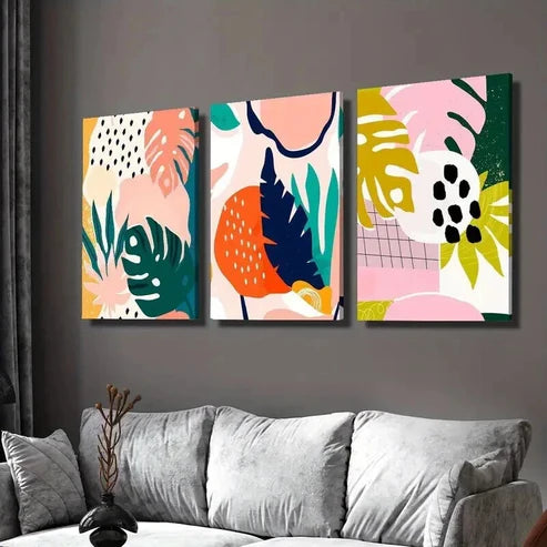 3pcs Cartoon Tropical Plant Leaf Ink Painting Designs  Wall Art Set Canvas Unframed - High Quality Print 100% Australian Made Wall Canvas - Bella Home Decor