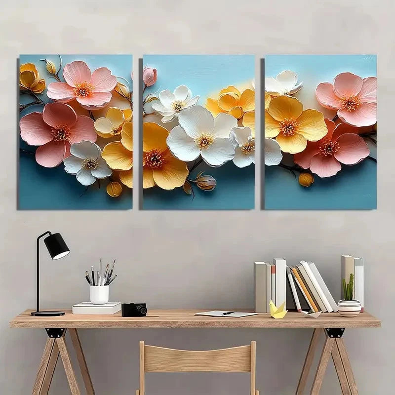 3pcs Pastel Pink Yellow White Blossoms Metal Print Ready to Hang Art - Bella Home Decor