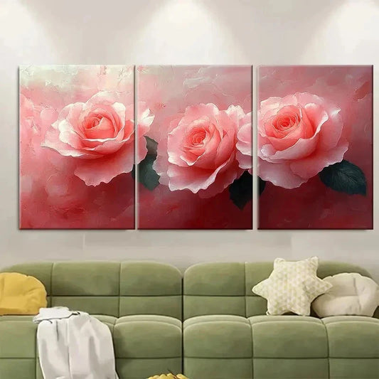 3pcs Pink Floral Illustrated Roses FG Wall Art Set Canvas Framed 50x70cm - High Quality Print 100% Australian Made Wall Canvas Ready to Hang