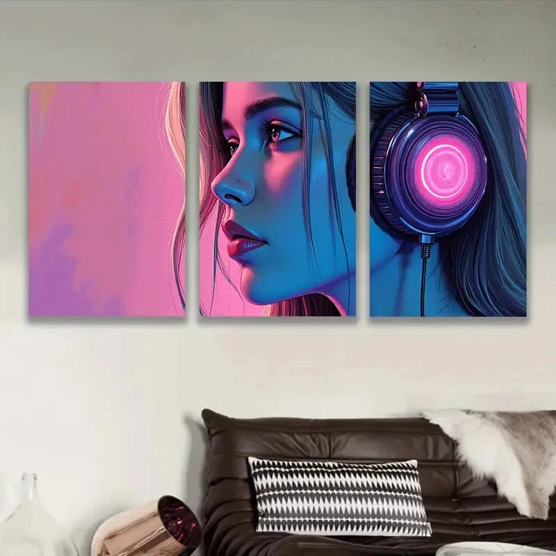 3pcs Woman Wearing Headphones Neon Wall Art Set Canvas Framed 60x90cm - High Quality Print 100% Australian Made Wall Canvas Ready to Hang