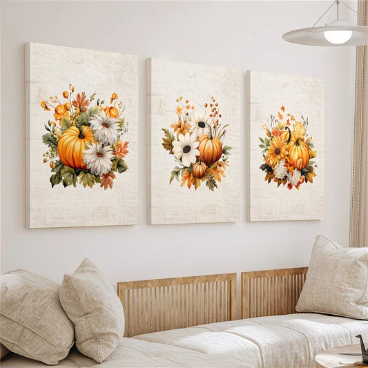 3pcs Rustic Pumpkin Watercolor Wall Art Set Canvas Framed 60x90cm - High Quality Print 100% Australian Made Wall Canvas Ready to Hang