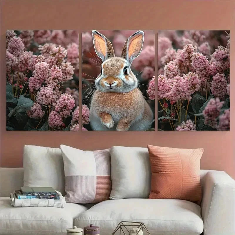 3pcs Pink Floral Bunny Illustration Wall Art Set Canvas Framed 40x60cm - High Quality Print 100% Australian Made Wall Canvas Ready to Hang - Bella Home Decor