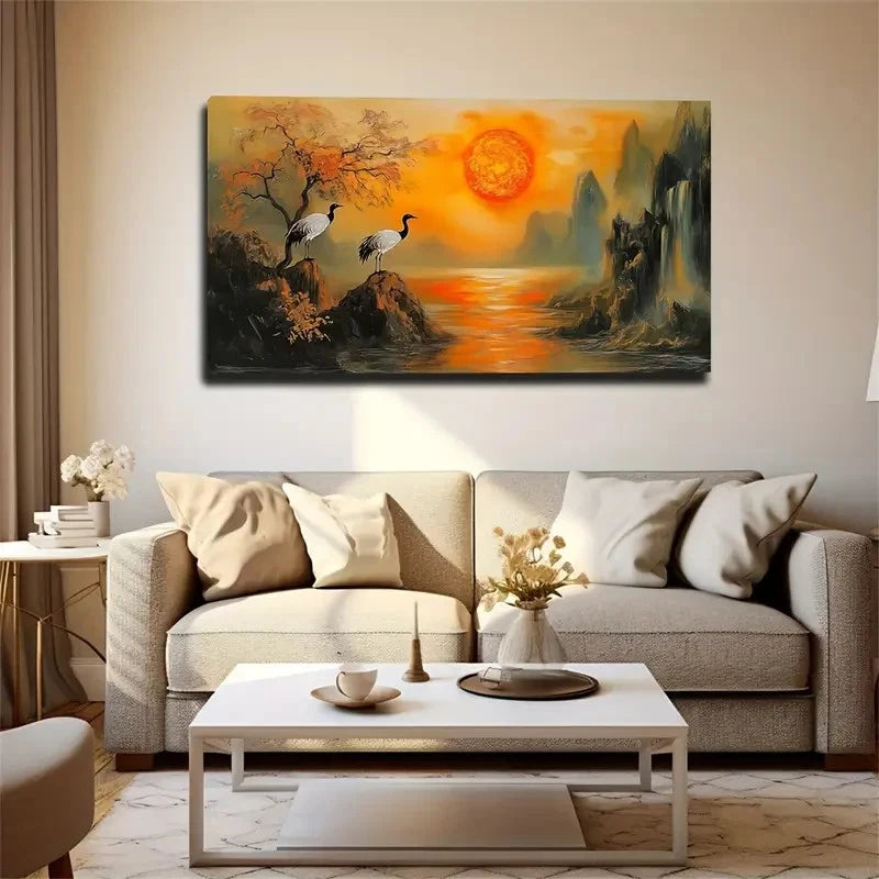 Tranquil Landscape With Cranes Wall Art Canvas Office Home Room Framed 120x60cm - Bella Home Decor