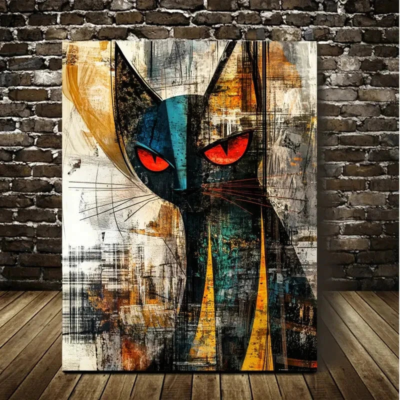 Beautiful Abstract Art a Modern Red Eyed Cat Painting 40x60cm Metal Print Ready to Hang - Bella Home Decor
