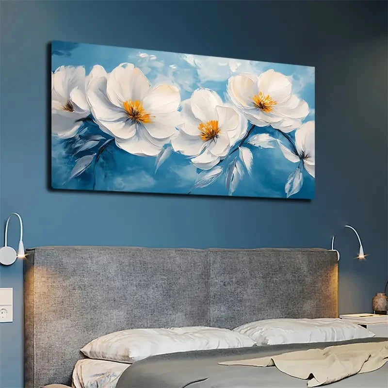 White Flowers with Blue Wall Art canvas office home room framed 120x60cm