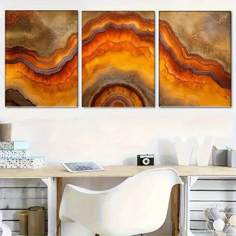 3pcs Abstract Golden Brown Earth Texture Print Metal Print Ready to Hang Art - Bella Home Decor