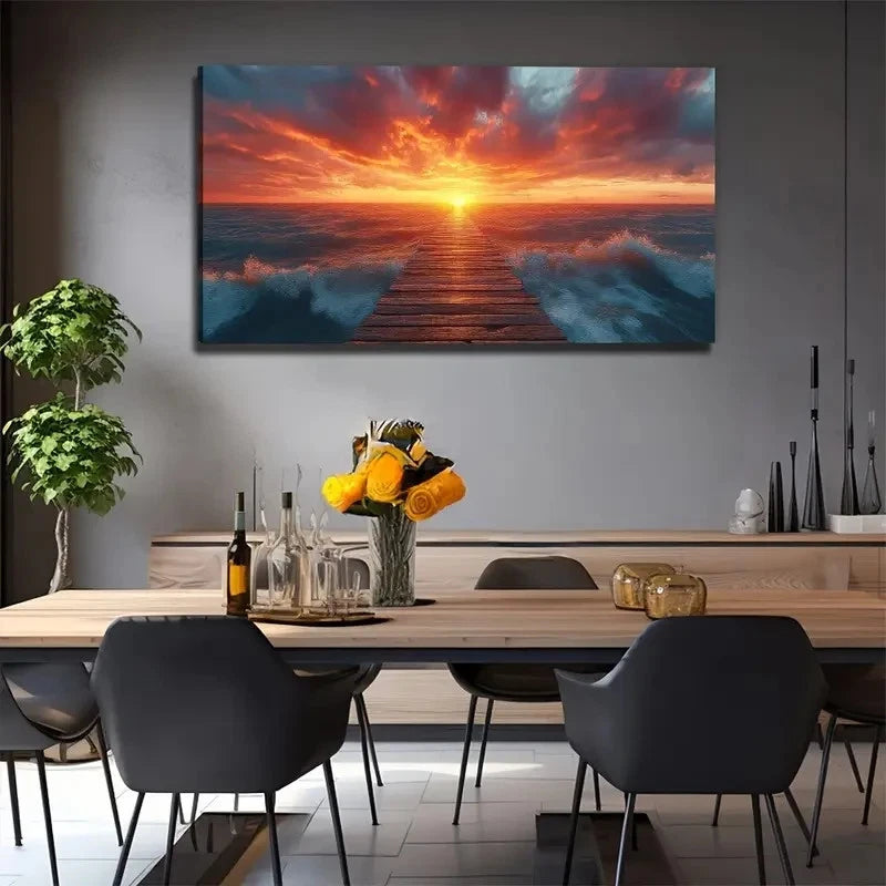 Sunset On The Wooden Bridge Wall Art Canvas Office Home Room Framed 120x60cm