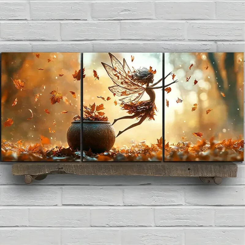 3pcs Brown Leaf Girl Dancing in the Forest Metal Print Ready to Hang Art