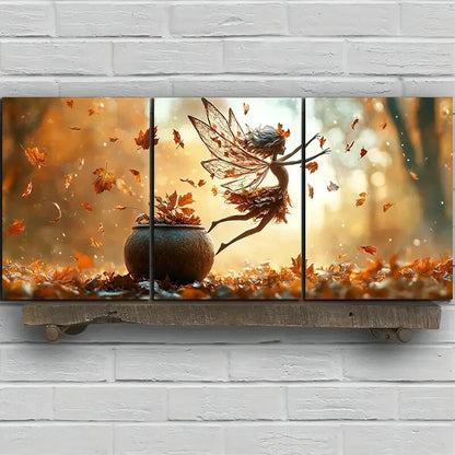 3pcs Brown Leaf Girl Dancing in the Forest Metal Print Ready to Hang Art