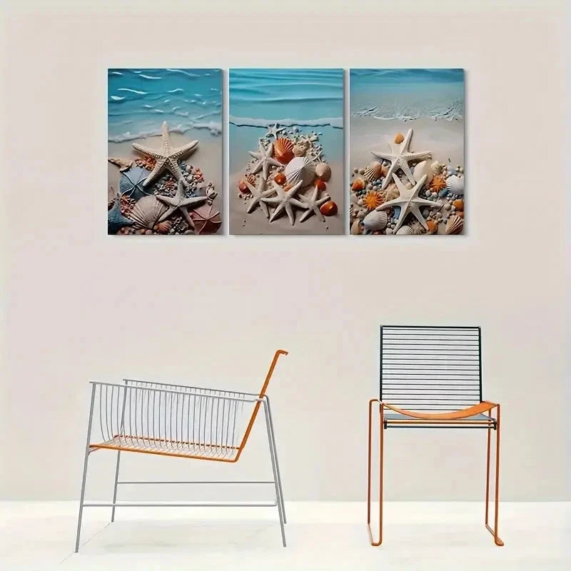 3pcs Beach Theme Starfish and Shell Metal Print Ready to Hang Art - Bella Home Decor