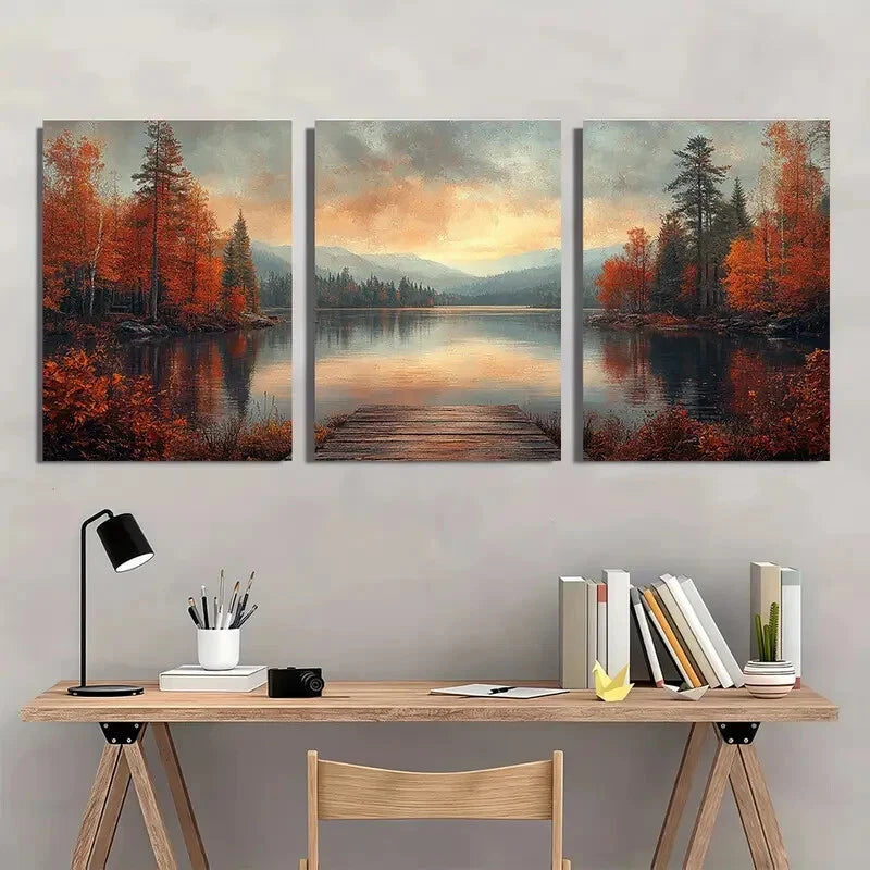 3pcs Autumn Lake Rustic Nature Scene Metal Print Ready to Hang Art - Bella Home Decor
