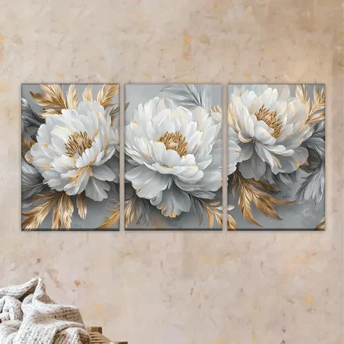 3pcs a painting of white flowers with gold leaves Wall Art Set Canvas Unframed - High Quality Print 100% Australian Made Wall Canvas - Bella Home Decor