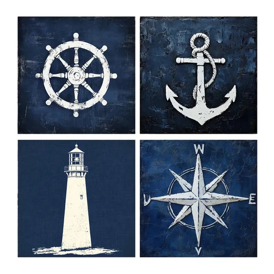 4pcs Compass Decorative Artwork, Lighthouses Wall Art Canvas Framed