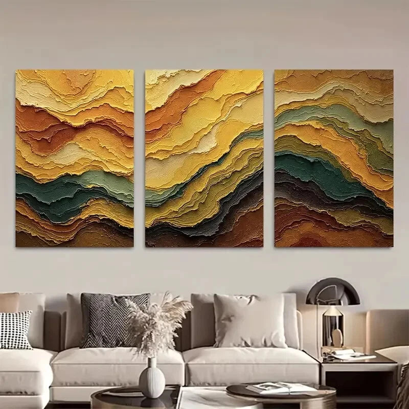 3pcs Abstract Golden Yellow & Moss Green Metal Print Ready to Hang Art - Bella Home Decor
