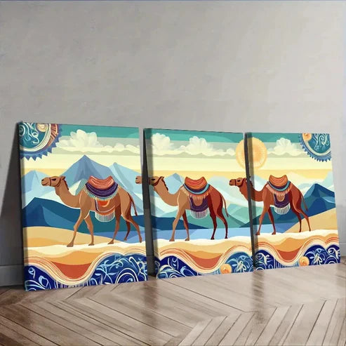 3pcs A Caravan of Camels Wall Art Set Canvas Unframed - High Quality Print 100% Australian Made Wall Canvas