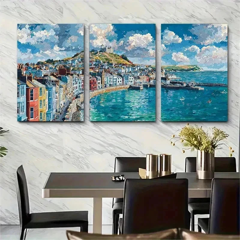 3pcs Isle Of Wight Travel Continuous Perfect Wall Art Set Canvas Framed 50x70cm - High Quality Print 100% Australian Made Wall Canvas Ready to Hang