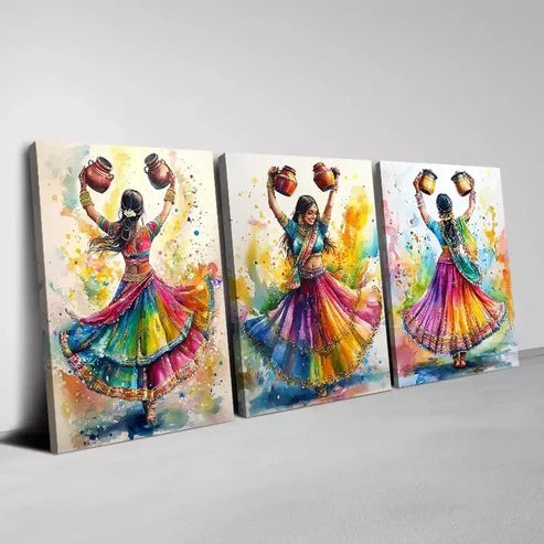 3pcs Indian Women Traditional Dance Painting Wall Art Set Canvas Framed 60x90cm - High Quality Print 100% Australian Made Wall Canvas Ready to Hang