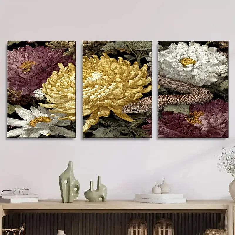 3pcs Vibrant Python & Chrysanthemum Flowers Wall Art Set Canvas Framed 50x70cm - High Quality Print 100% Australian Made Wall Canvas Ready to Hang