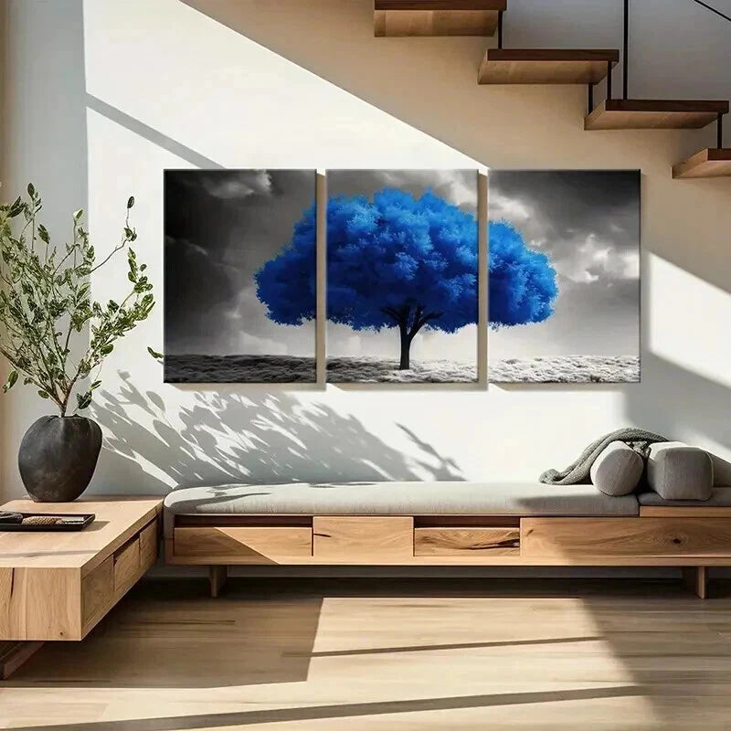 3pcs Blue Tree Stormy Sky Serene Landscape Wall Art Set Canvas Framed 50x70cm - High Quality Print 100% Australian Made Wall Canvas Ready to Hang - Bella Home Decor