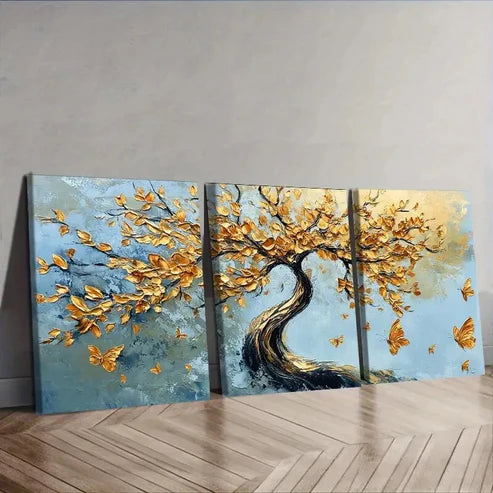3pcs An abstract tree with golden leaves Wall Art Set Canvas Unframed - High Quality Print 100% Australian Made Wall Canvas - Bella Home Decor