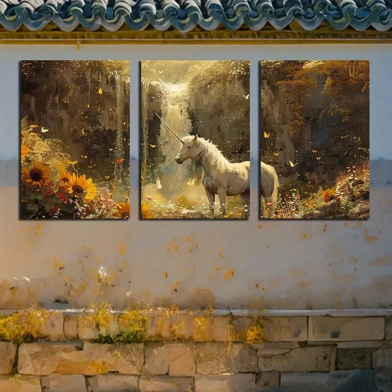 3pcs Unicorn and Waterfall with Sunflowers Design Metal Print Ready to Hang Art - Bella Home Decor