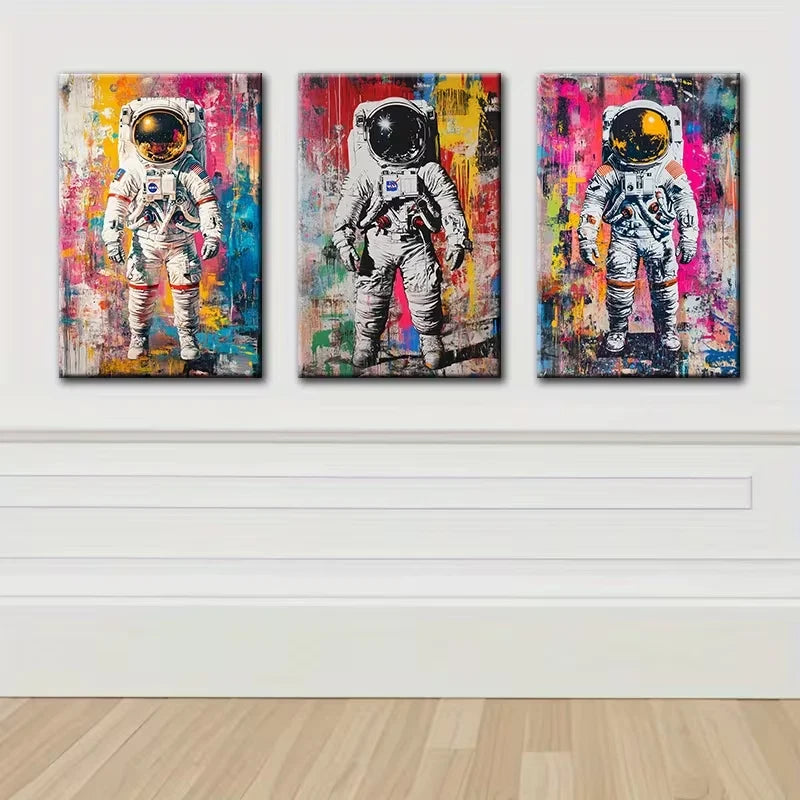 3pcs Graffiti astronaut Illustration Wall Art Set Canvas Framed 60x90cm - High Quality Print 100% Australian Made Wall Canvas Ready to Hang