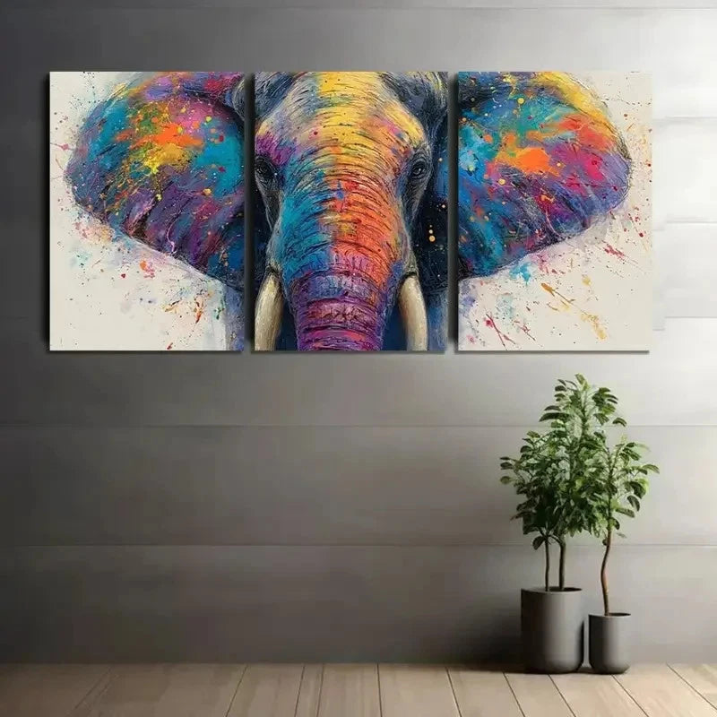 3pcs Colorful Splash Elephant Face Wall Art Metal Print Ready to Hang Art - Bella Home Decor