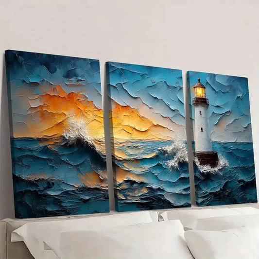 3pcs Original Lighthouse Wave Design OL Wall Art Set Canvas Framed 50x70cm - High Quality Print 100% Australian Made Wall Canvas Ready to Hang