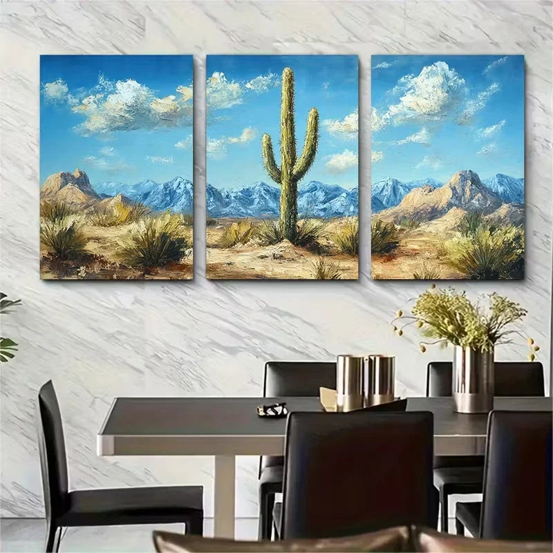 3pcs Cactus in Desert Painting Metal Print Ready to Hang Art - Bella Home Decor