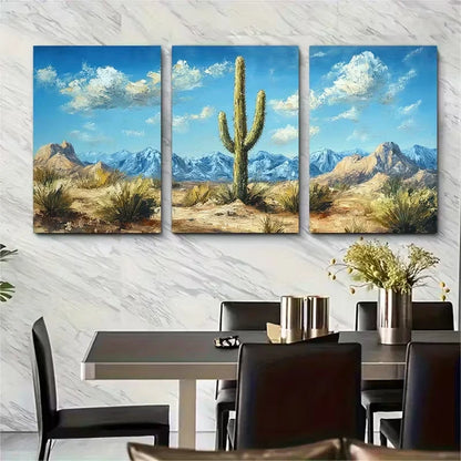 3pcs Cactus in Desert Painting Metal Print Ready to Hang Art - Bella Home Decor