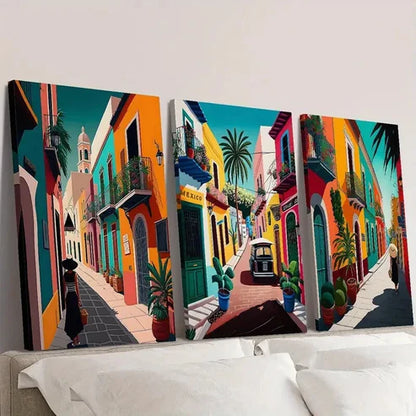 3pcs Colorful Retro Mexican Street Art, Mexican Wall Art Canvas Unframed - High Quality Print 100% Australian Made Wall Canvas - Bella Home Decor