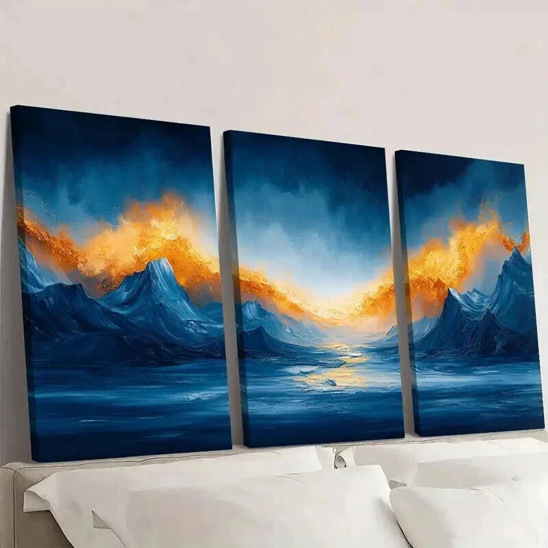 3pcs Abstract Blue & Golden Mountain Landscape Wall Art Set Canvas Framed 50x70cm - High Quality Print 100% Australian Made Wall Canvas Ready to Hang - Bella Home Decor