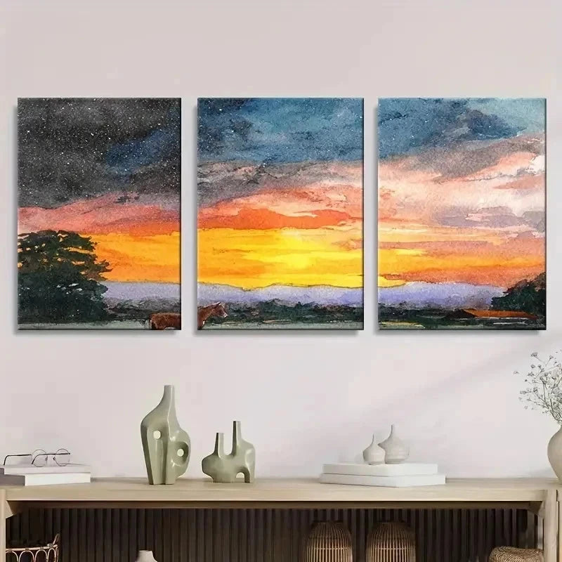 3pcs Abstract Watercolor Sunset Wall Art Set Canvas Framed 50x70cm - High Quality Print 100% Australian Made Wall Canvas Ready to Hang - Bella Home Decor