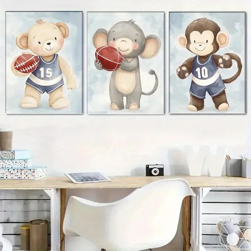 3pcs Cute Animal Basketball Gear & Sports Theme Metal Print Ready to Hang Art - Bella Home Decor