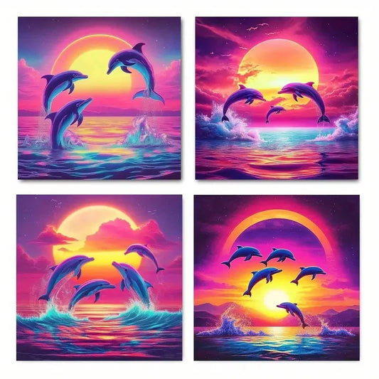 4pcs Colorful Ocean Scene with Dolphins Leaping Wall Art Canvas Framed