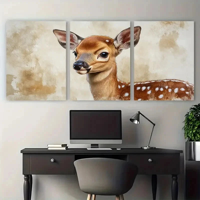 3pcs Young Baby Deer Fawn Illustration Wall Art Set Canvas Framed 50x70cm - High Quality Print 100% Australian Made Wall Canvas Ready to Hang - Bella Home Decor