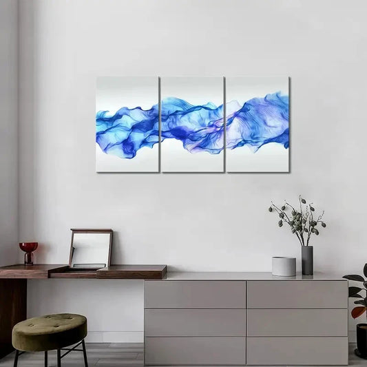 3pcs Abstract Blue Smoke Painting Pictures Metal Print Ready to Hang Art