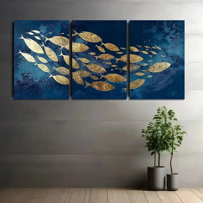 3pcs School of Fish in Navy Blue with Golden Foil Metal Print Ready to Hang Art - Bella Home Decor