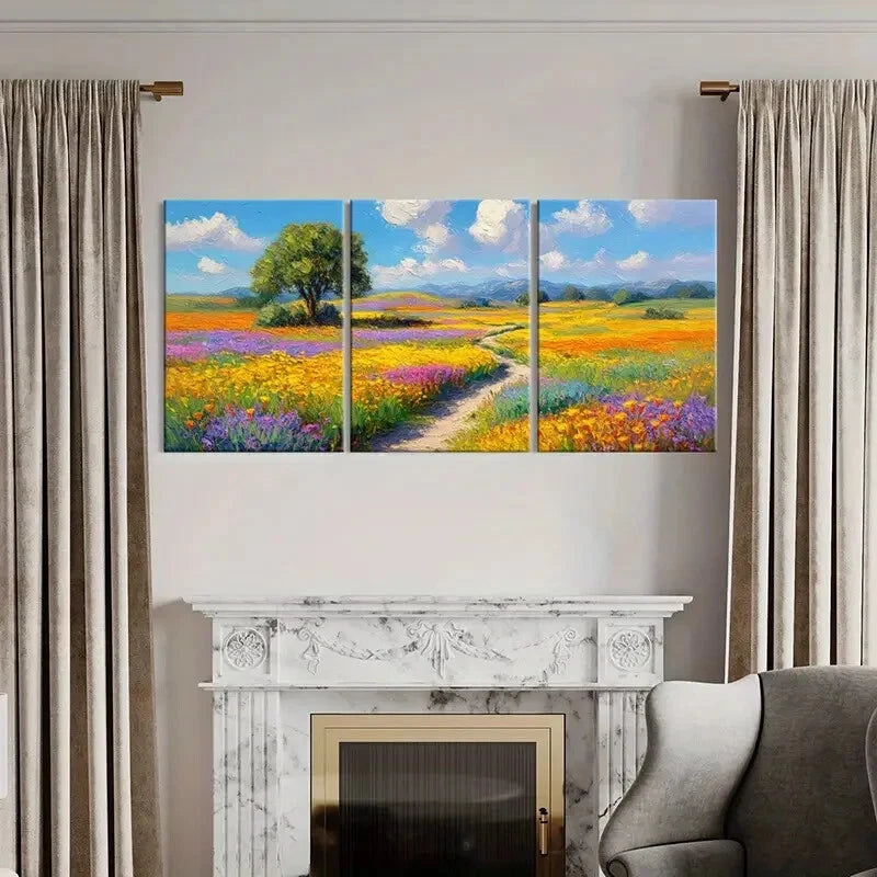 3pcs Vibrant Landscape Painting Colorful Flowers Metal Print Ready to Hang Art - Bella Home Decor