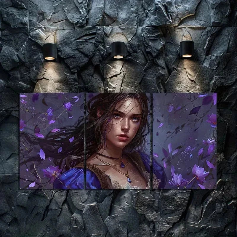 3pcs Digital Painting of a Woman Amidst Flowers Metal Print Ready to Hang Art - Bella Home Decor