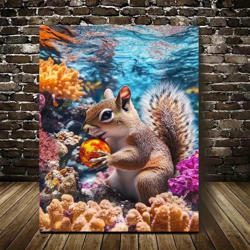 Beautiful Vibrant Squirrel Underwater Scene with Coral 40x60cm Metal Print Ready to Hang - Bella Home Decor