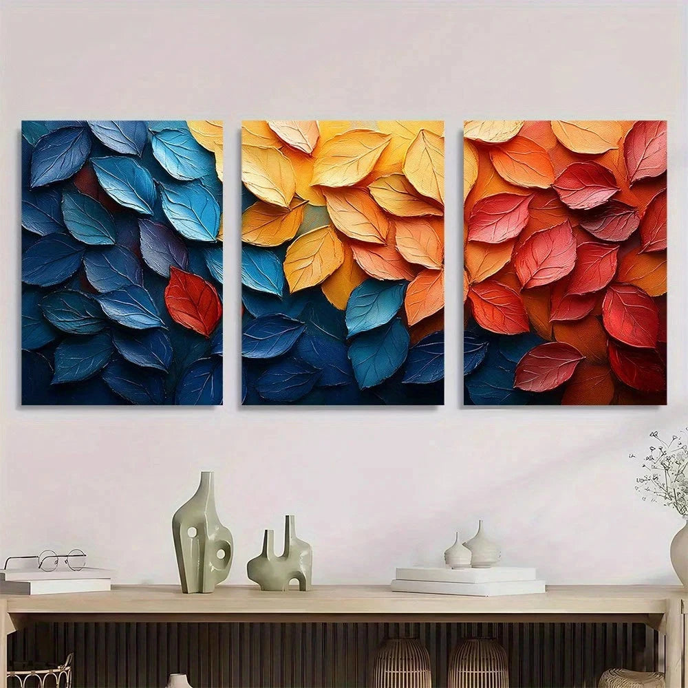 3pcs Abstract Autumn Leaves Vibrant Red Orange Metal Print Ready to Hang Art - Bella Home Decor