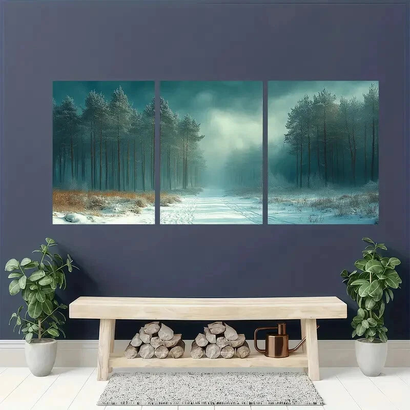3pcs Mystical Winter Forest Landscape Metal Print Ready to Hang Art - Bella Home Decor