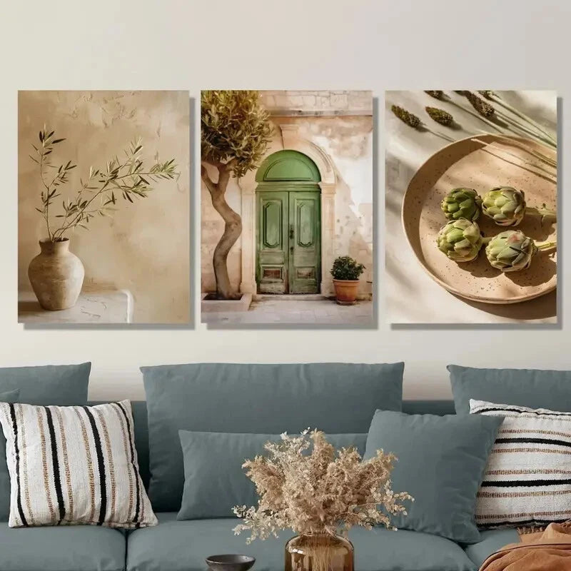 3pcs Rustic Italian Vintage Olive Tree & Vase Metal Print Ready to Hang Art